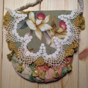 NEW HAND SEWN ARTISAN REPURPOSED UPCYCLED VINTAGE LACE TASSEL FRINGE PURSE BAG